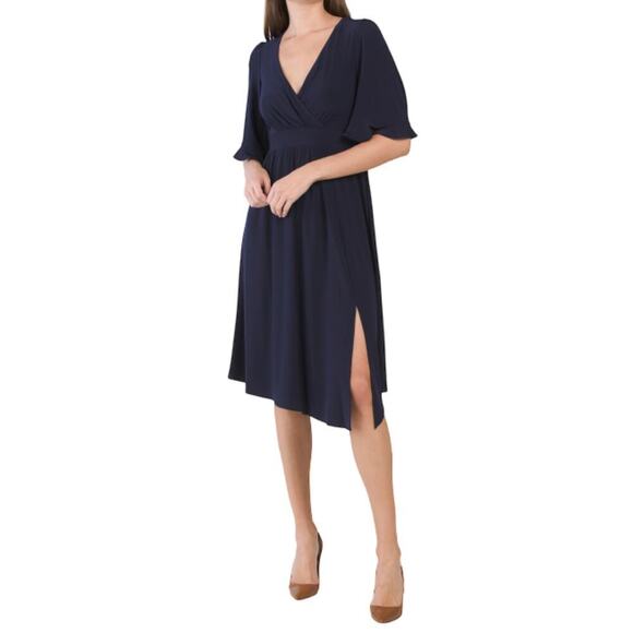 New Eliza J V-Neck Front Slit Elbow Sleeve Asymmetric Party Cocktail Midi Dress - Picture 2 of 8